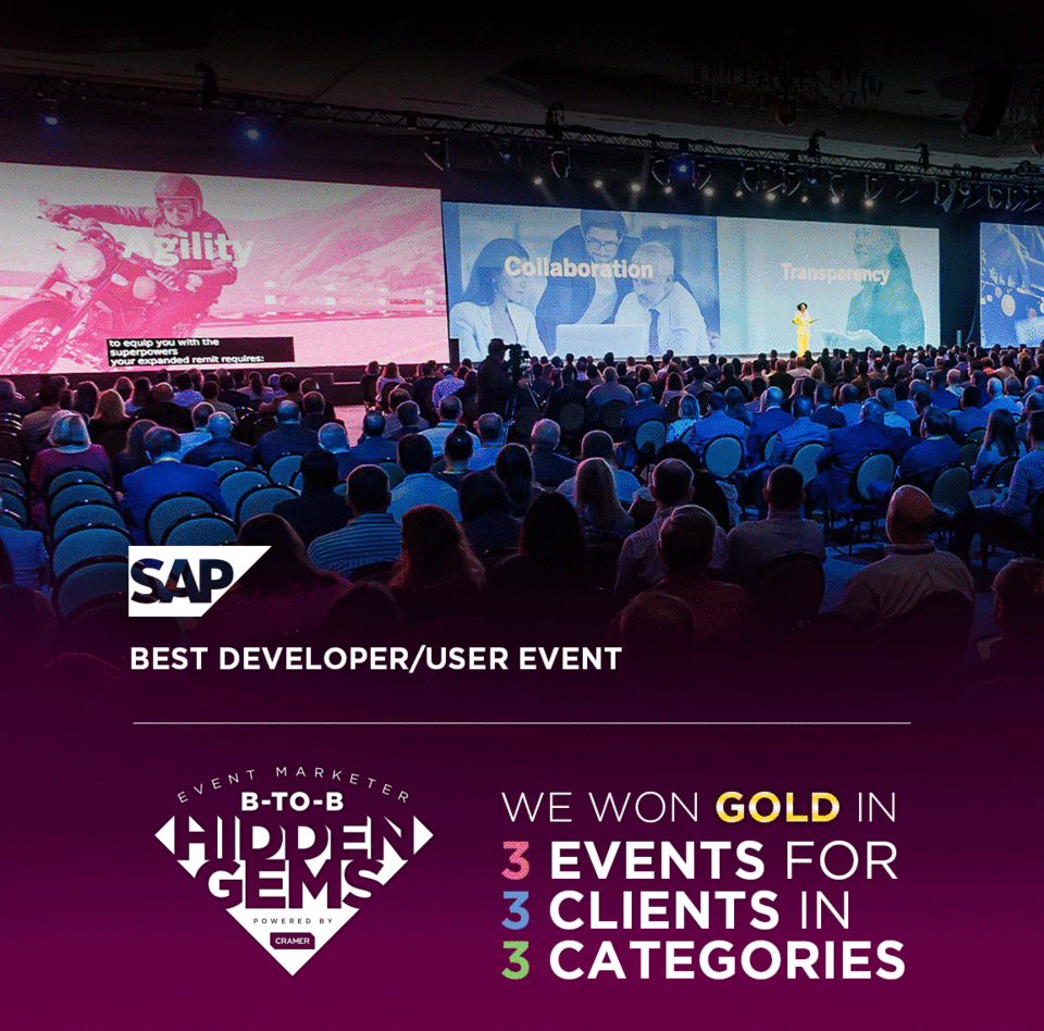 on-image text reads "We won gold in 3 events for 3 clients in 3 categories" on a plum background with the event marketer B-to-B Hidden Gems logo. 3 slide gif includes the following: slide 1 is T-Mobile best recognition event with an image of a magenta lit nightclub. Slide 2 is Televisa Univision best b-to-b event with 3 LED screens showing Televisa Univision content. Slide 3 is SAP best developer/user event with an image of about 200 people in a room watching a woman present content on stage in front of LED screens