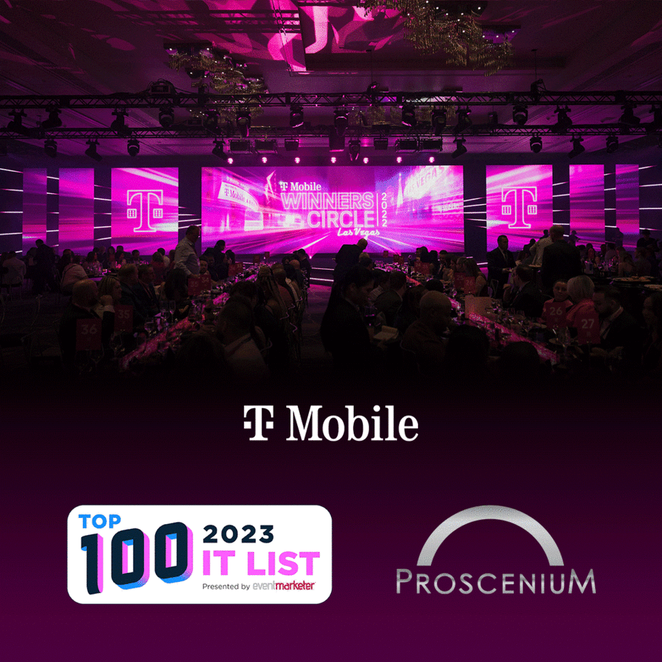 On-image text includes "Top 100 2023 It List presented by event marketer; for the 13th time in a row," with Proscenium logo as the footer on a plum background