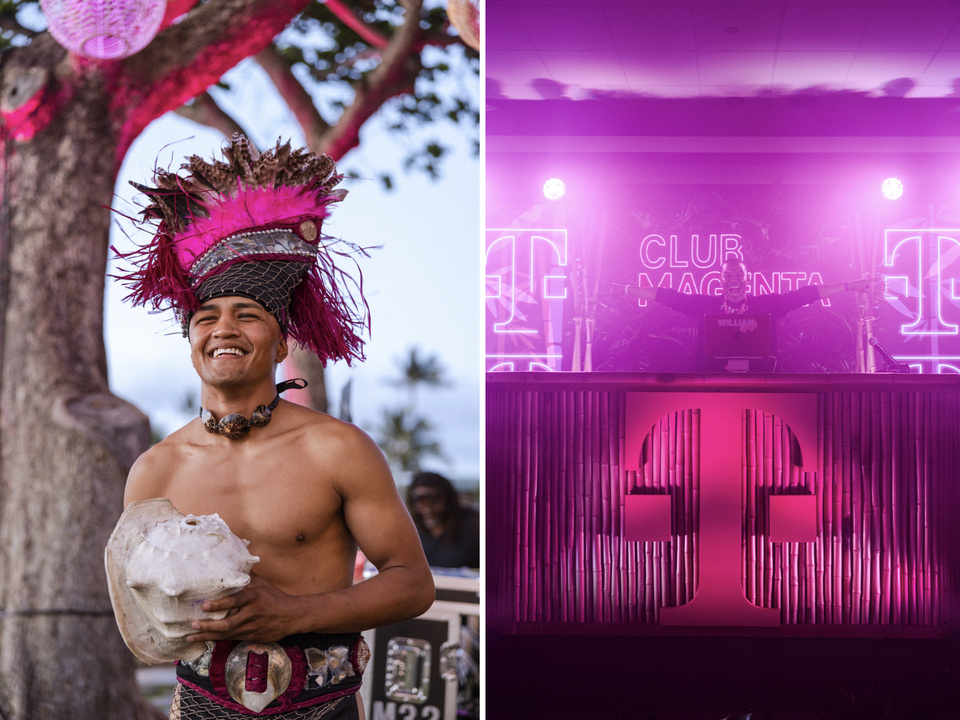 2 side by side photos: image 1 shows a Man with a magenta headdress holding a large shell. Image 2 shows a DJ at a magenta booth with T-Mobile club magenta branding