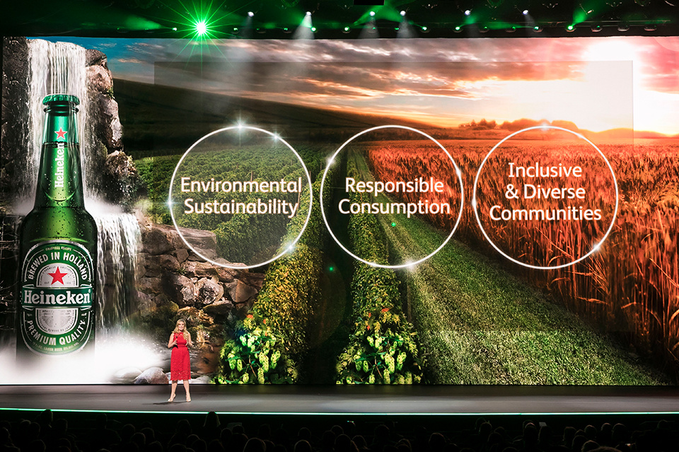 Photo of presenter on stage in front of an LED screen displaying a Heineken bottle and farm scene. Text on screen reads "environmental sustainability, responsible consumption and inclusive and diverse communities"
