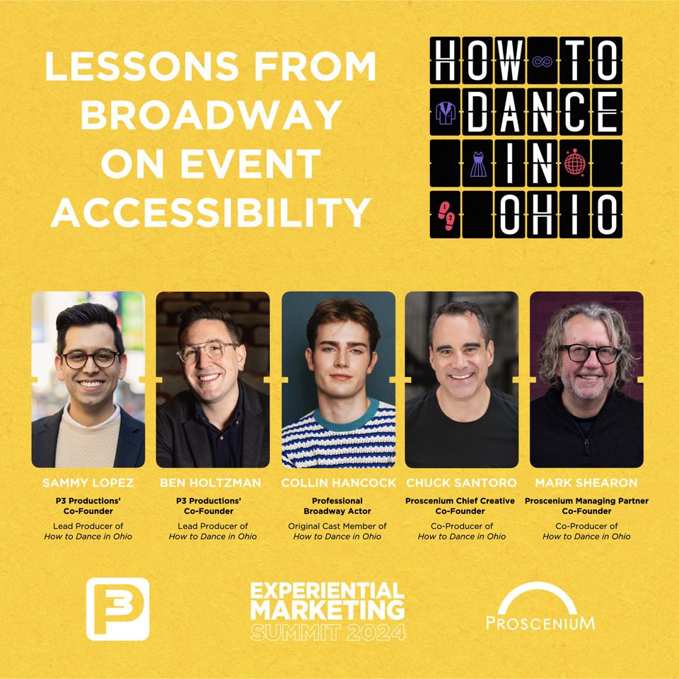on-image text header: lessons from Broadway on event accessibility: How to dance in Ohio. 5 headshot photos with titles as follows: Sammy Lopez, P3 Productions' Co-founder, lead producer of how to dance in Ohio; Ben Holtzman, P3 Productions' co-founder, lead producer of how to dance in Ohio; Collin Hancock, professional Broadway actor, original cast member of how to dance in Ohio; Chuck Santoro, Proscenium Chief Creative Co-founder, co-producer of how to dance in Ohio; and Mark Shearon, Proscenium managing partner co-founder, co-producer of how to dance in Ohio. Footer includes P3 logo, experiential marketing summit 2024 logo, and Proscenium logo on a yellow background.
