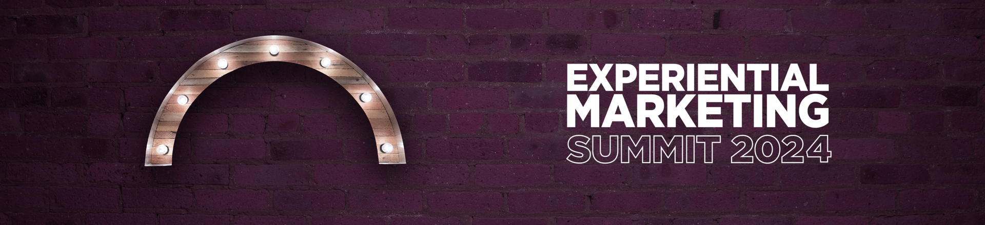 Marquee-style arch Proscenium logo and experiential marketing summit 2024 logo on a plum-colored brick wall background.