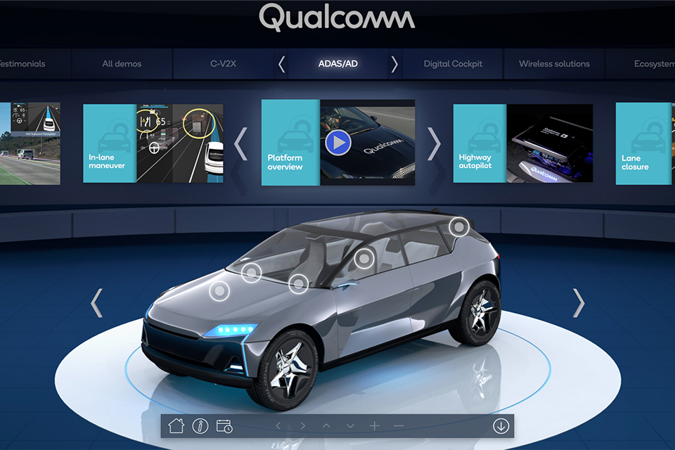 Virtual car on car turntable with Qualcomm branding