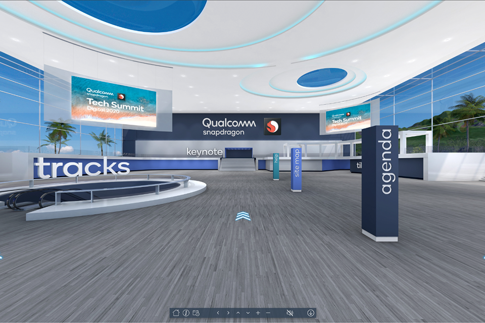 Virtual Qualcomm Snapdragon event lobby with arrows pointing to different event options. Virtual screen reads "Qualcomm Tech Summit Digital 2020"