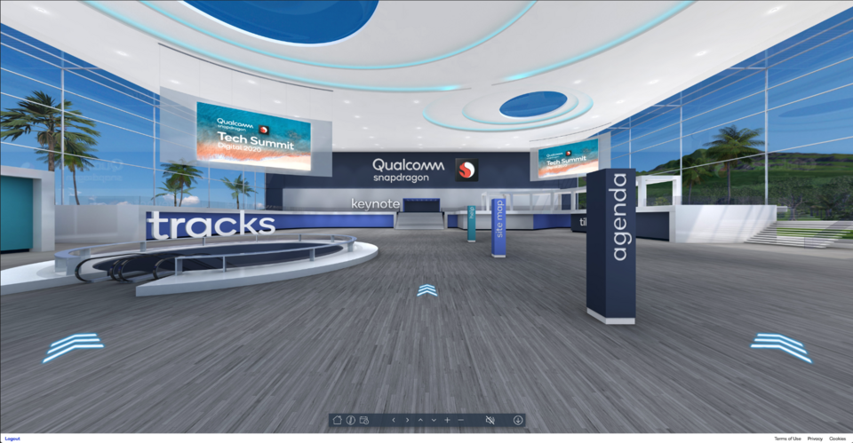 Virtual Qualcomm event lobby with arrows pointing to different event options. Virtual screen reads "Qualcomm Tech Summit Digital 2020"