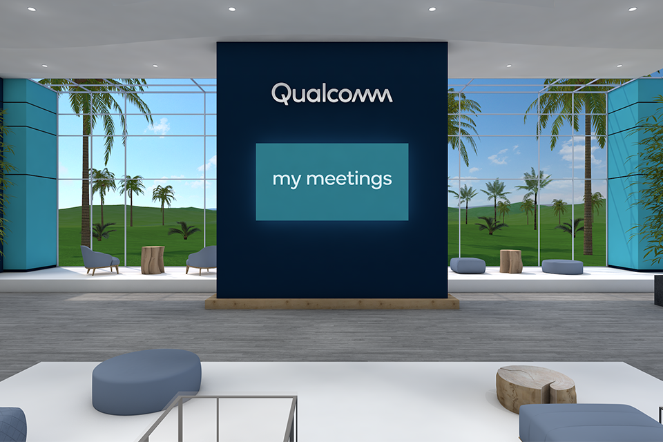 Virtual Qualcomm event room with screen that reads "my meetings