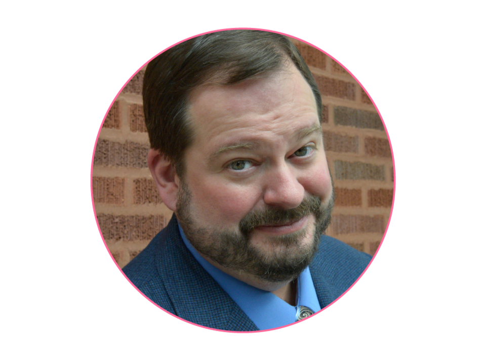 Photo of man's headshot in pink circle