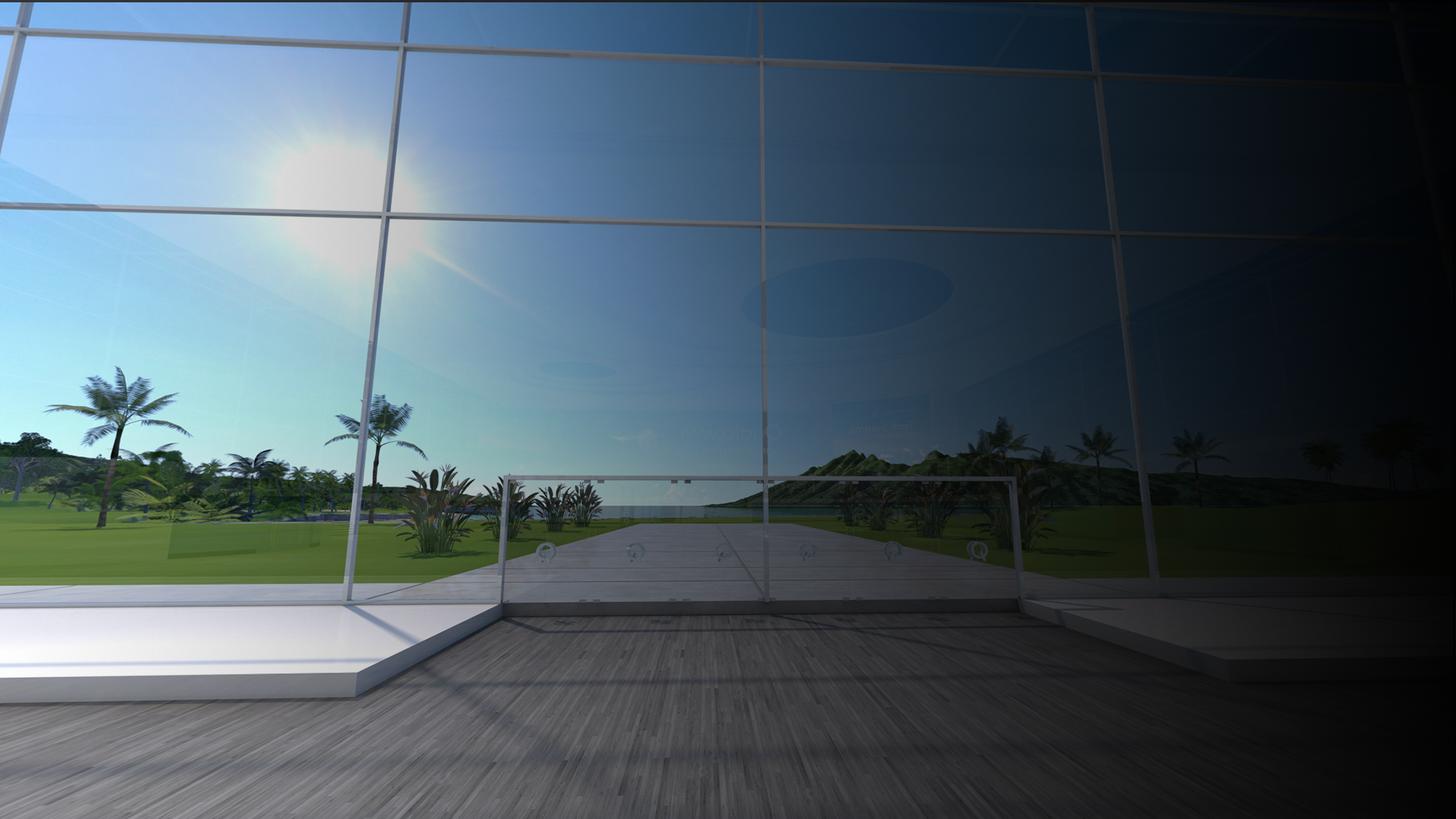 Virtual Hawaii view through glass windows with a dark shadow