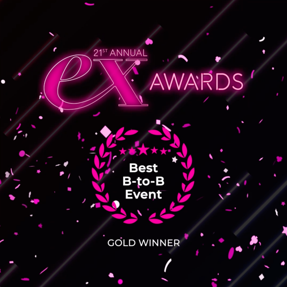 On image text reads "21st annual EX Awards, Best B-to-B event, Gold Winner" on a black and pink background