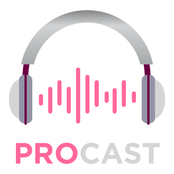 Pro cast logo: Plum headphones with volume graphic and pink and grey text.